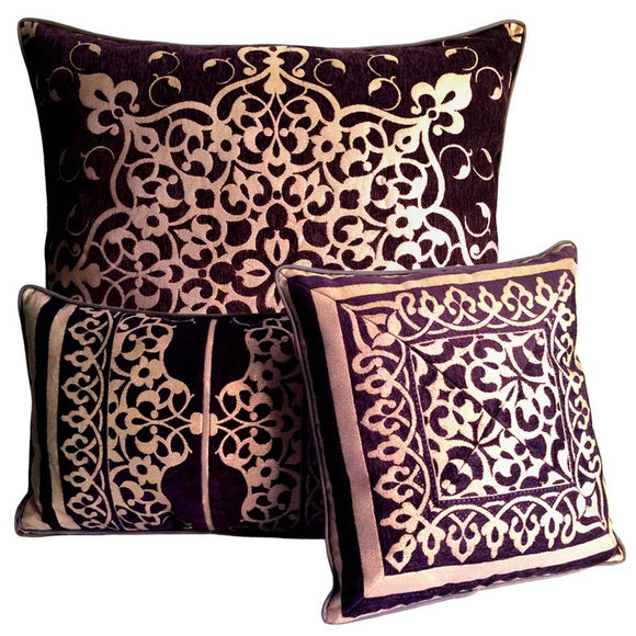 3 pcs Satin/Chenille Damask-Oriental-Floral Purple-Gold Pillow Case/Cushion Cover Set