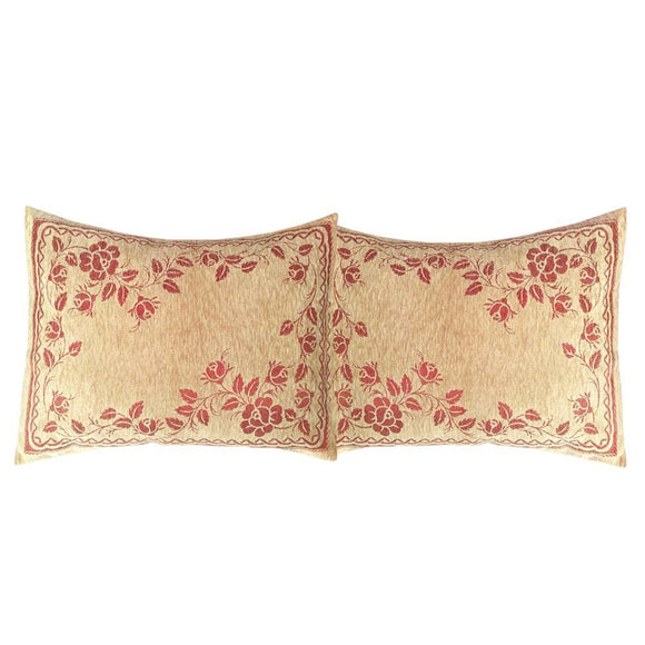 2 pcs Upholstery-Chenille Beige (Claret Red Rose) Queen Size 22